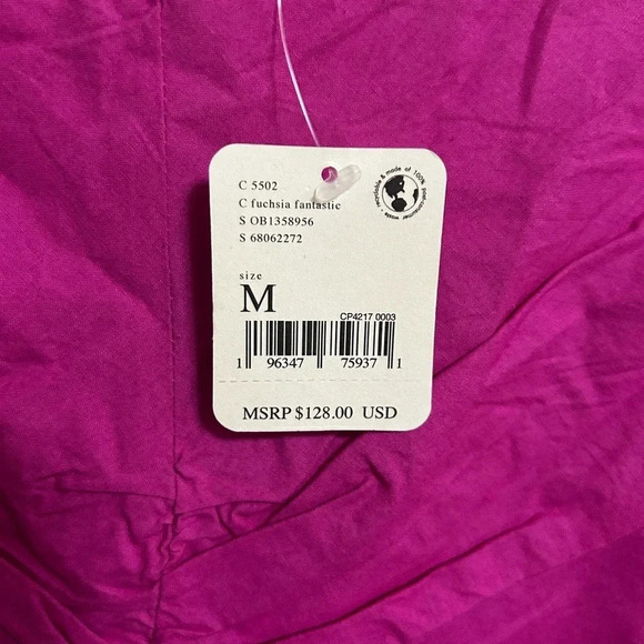 Free People Hope Fuchsia Pink Ruched Puff Sleeve Cotton Mini Dress Medium NWT - Picture 5 of 8
